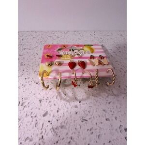 Enchante 9 Pair Earring Set Gold Tone Fruit Strawberry Butterfly Hoops Studs